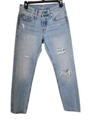 Levi's 501 T Size 24x28 Taper Leg Distressed Denim Blue Jeans, Light Wash